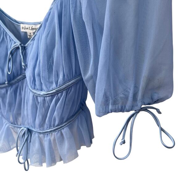 For Love & Lemons Sunshine Sheer Mesh Puff Sleeve Crop Top Light Blue NWOT Small - Picture 9 of 9